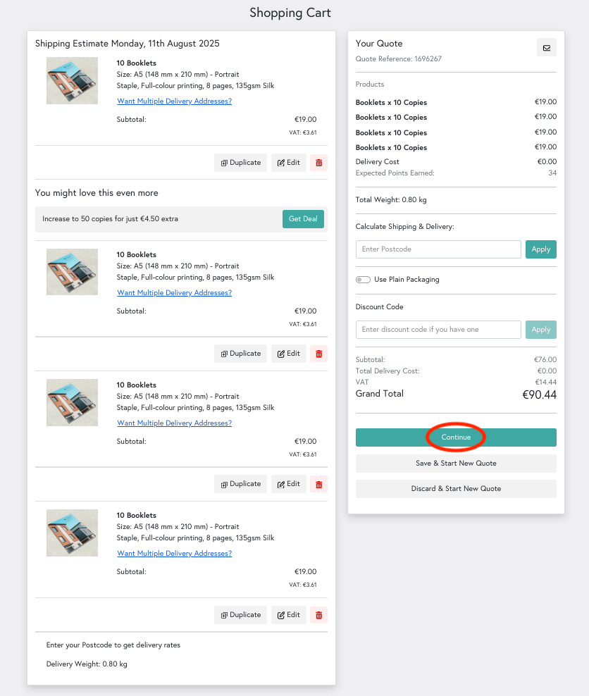 Preview of Mixam's shopping cart with 5 copies of 4 designs, highlighting the 'Continue' button for the next step.