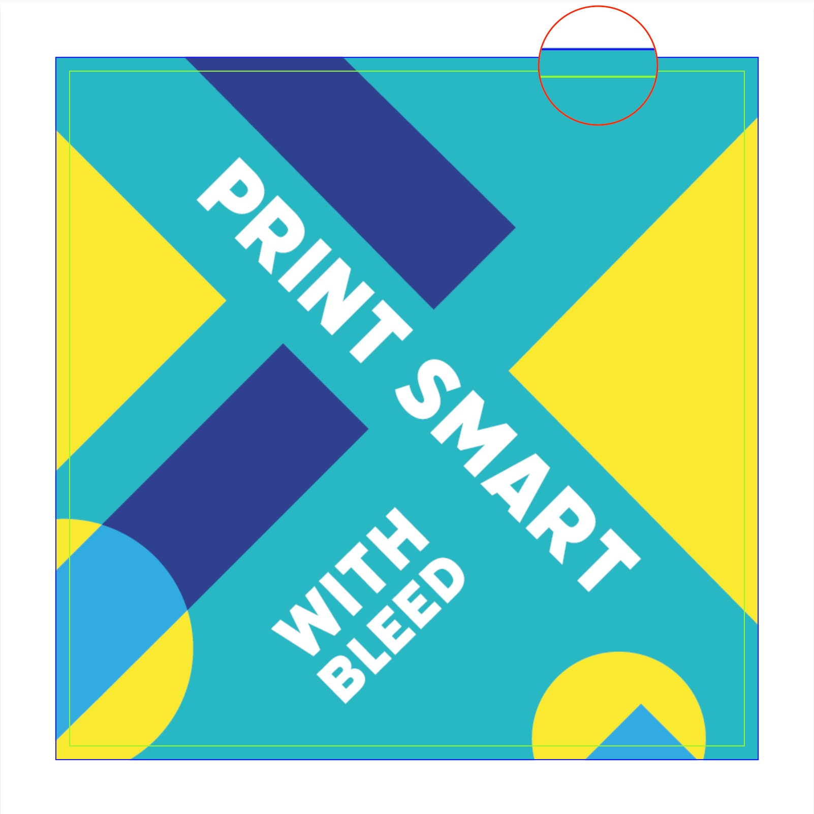 An image of a print file with correct bleed, whereby artwork extends beyond the bleed line with a magnified area.