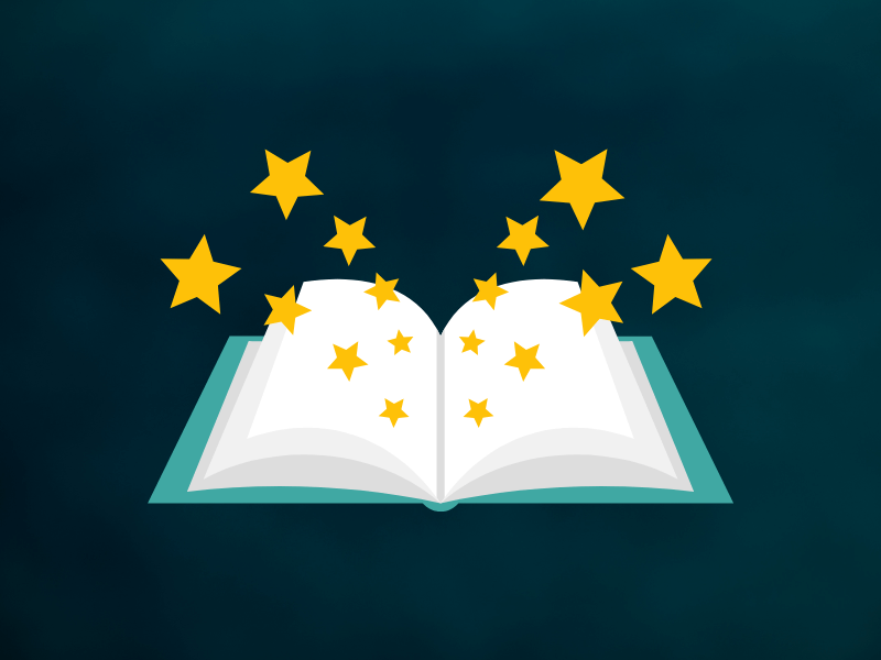 An open book illustration with stars to represent Mixam's Rewards Program.