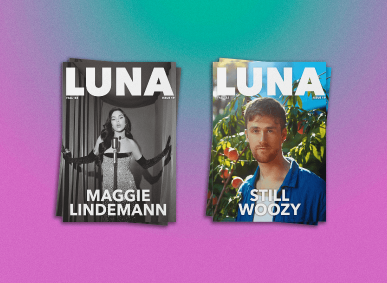 An image of two issues of The Luna Collective's magazine stacked on a blue and pink faded background, featuring artists Maggie Lindemann and Still Woozy.