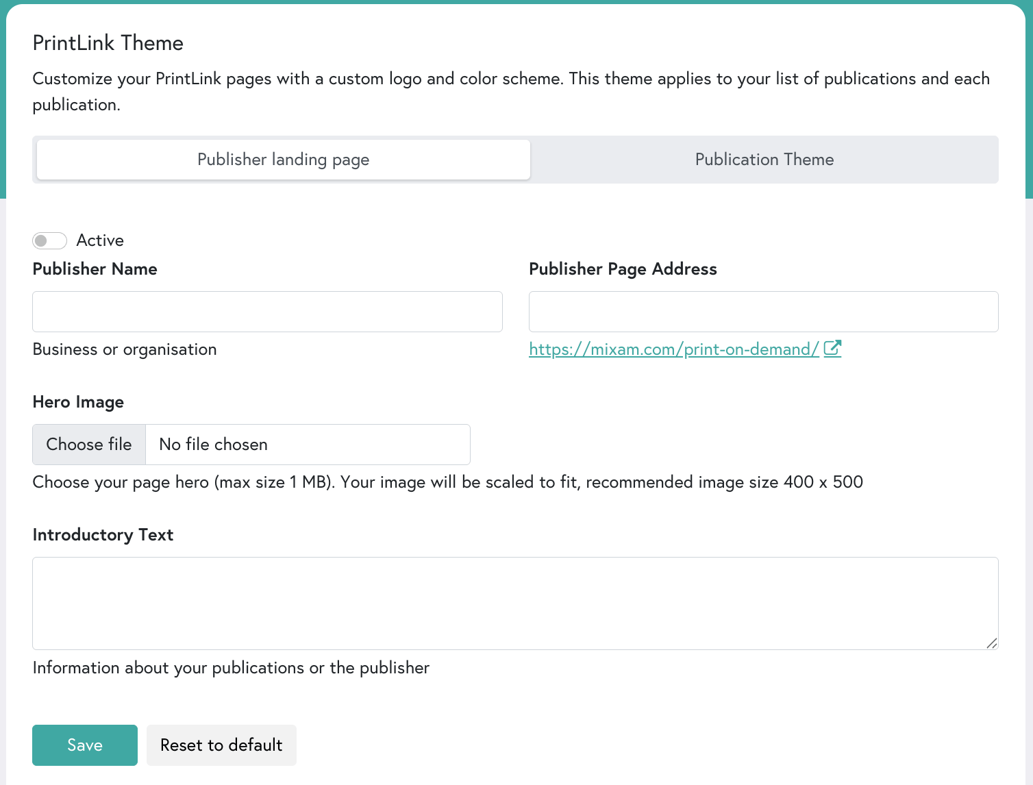 An overview of the Publisher landing page section for Mixam's print-on-demand service, PrintLink.