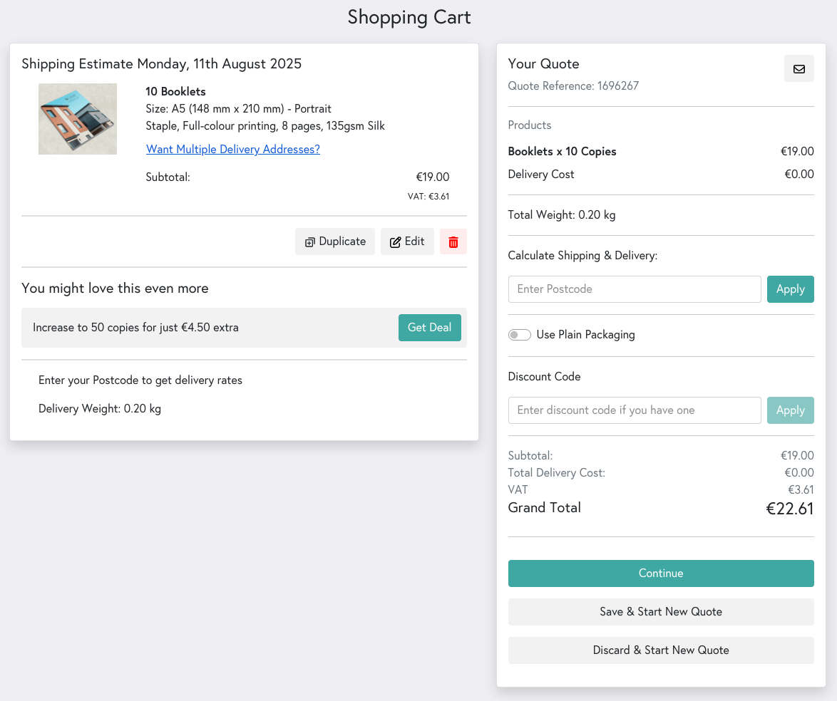 Shopping cart preview showing a multi-part order with a price and a shopping cart button for Mixam.