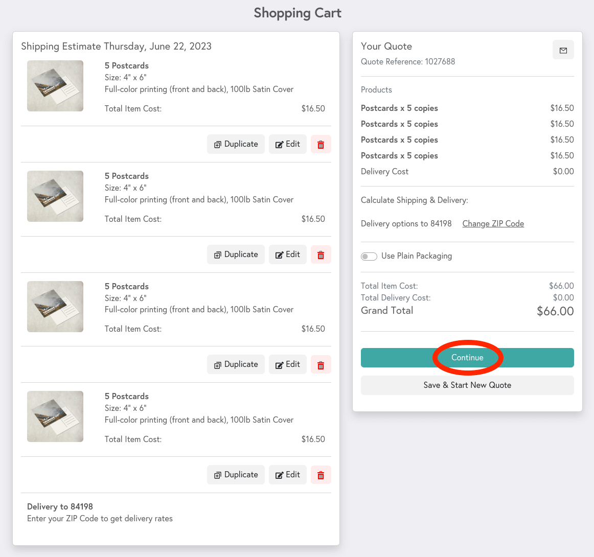 Preview of Mixam's shopping cart with 5 copies of 4 designs, highlighting the 'Continue' button for the next step.