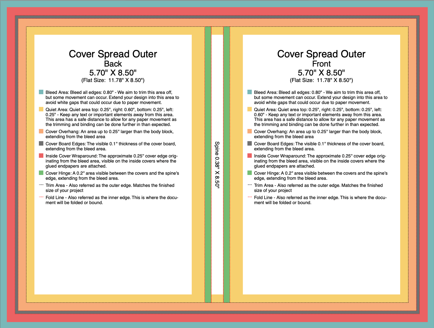 A hardcover book template with guidelines