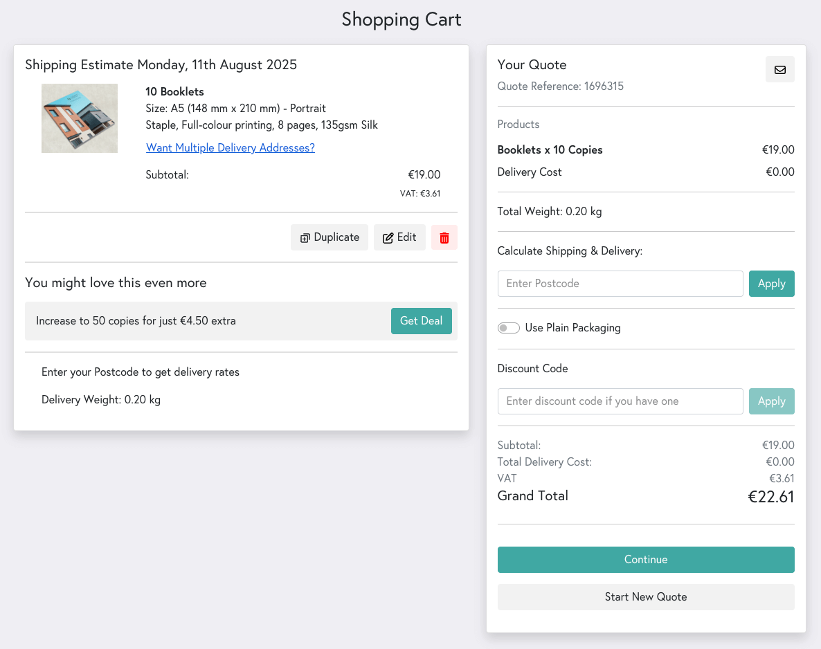 An overview of Mixam's shopping cart