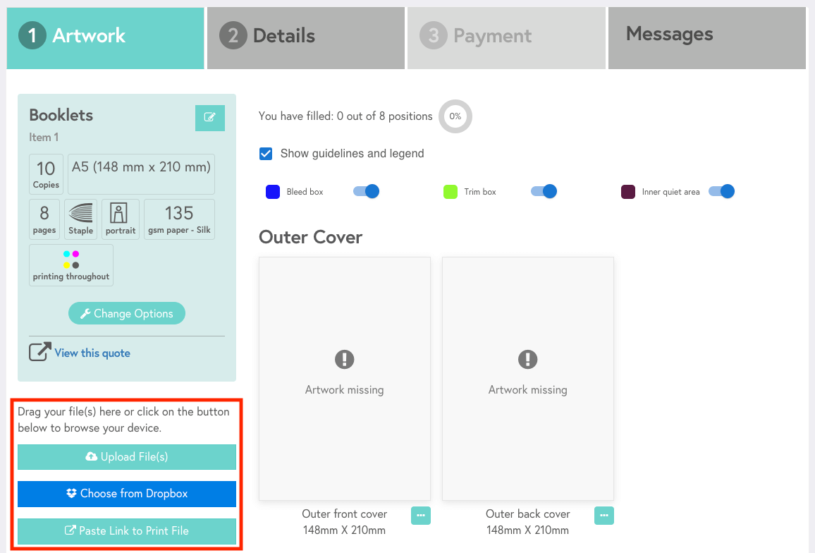 Mixam's artwork tab with file upload options highlighted by a red square