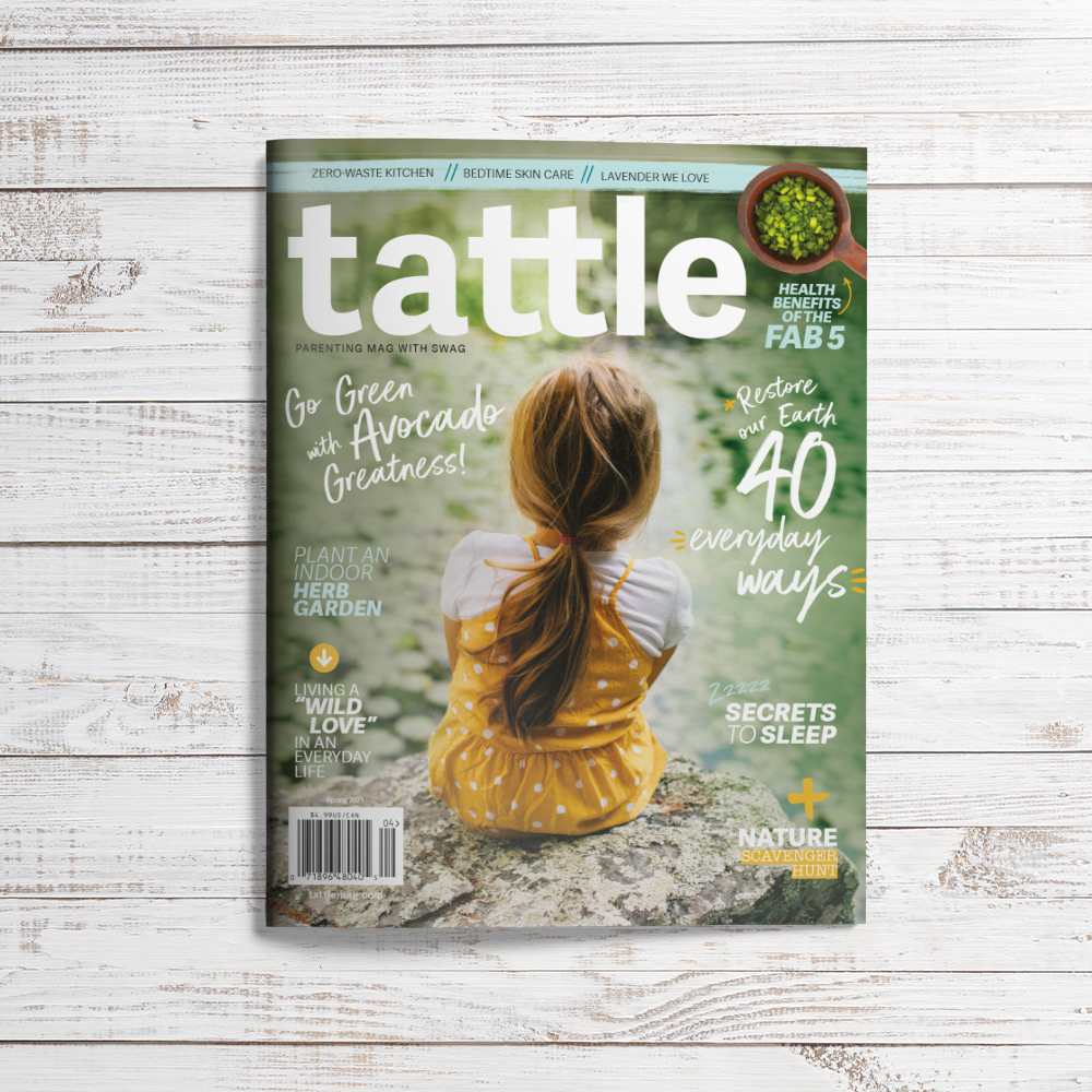 Mockup of tattle magazine cover featuring a child on a rock, surrounded by primary and secondary cover lines.