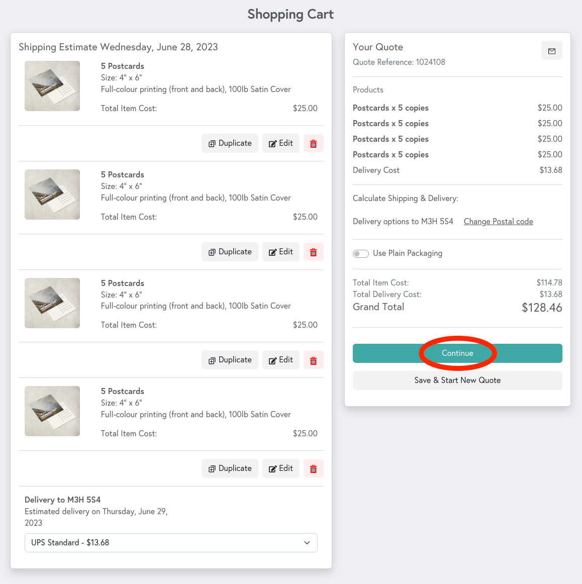 Preview of Mixam's shopping cart with 5 copies of 4 designs, highlighting the 'Continue' button for the next step.