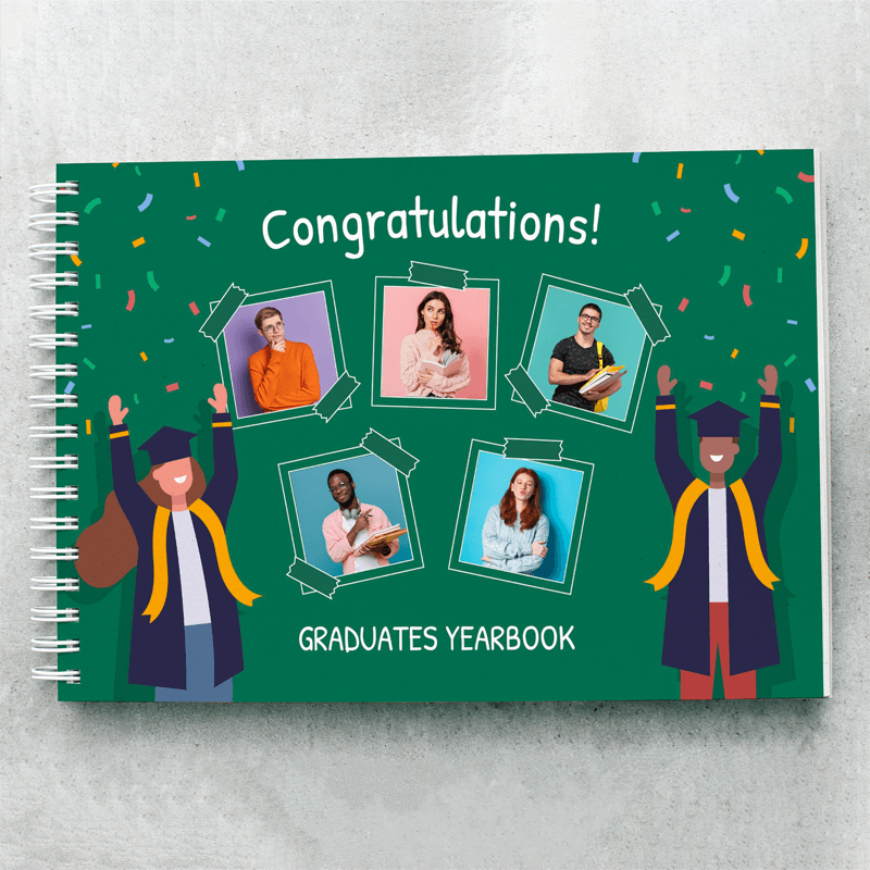Customised wiro-bound yearbook showcasing graduates' photos.