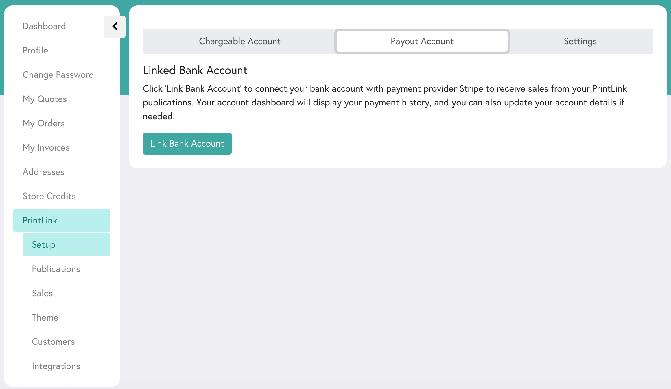 An overview of the Payout Account section for Mixam's print-on-demand service, PrintLink.