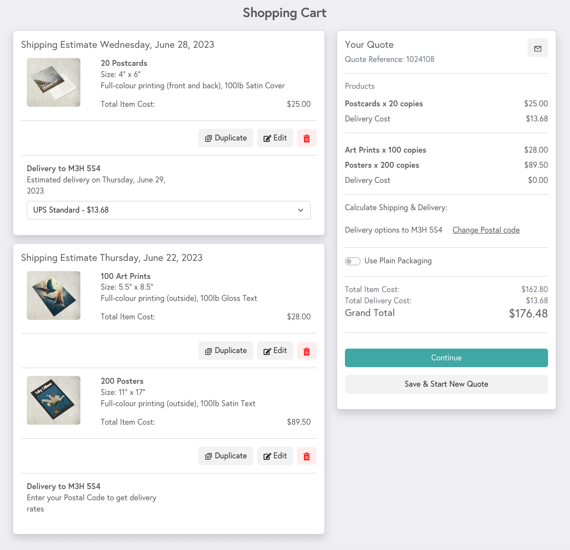 A preview of Mixam's shopping cart displaying three products for a single print design.