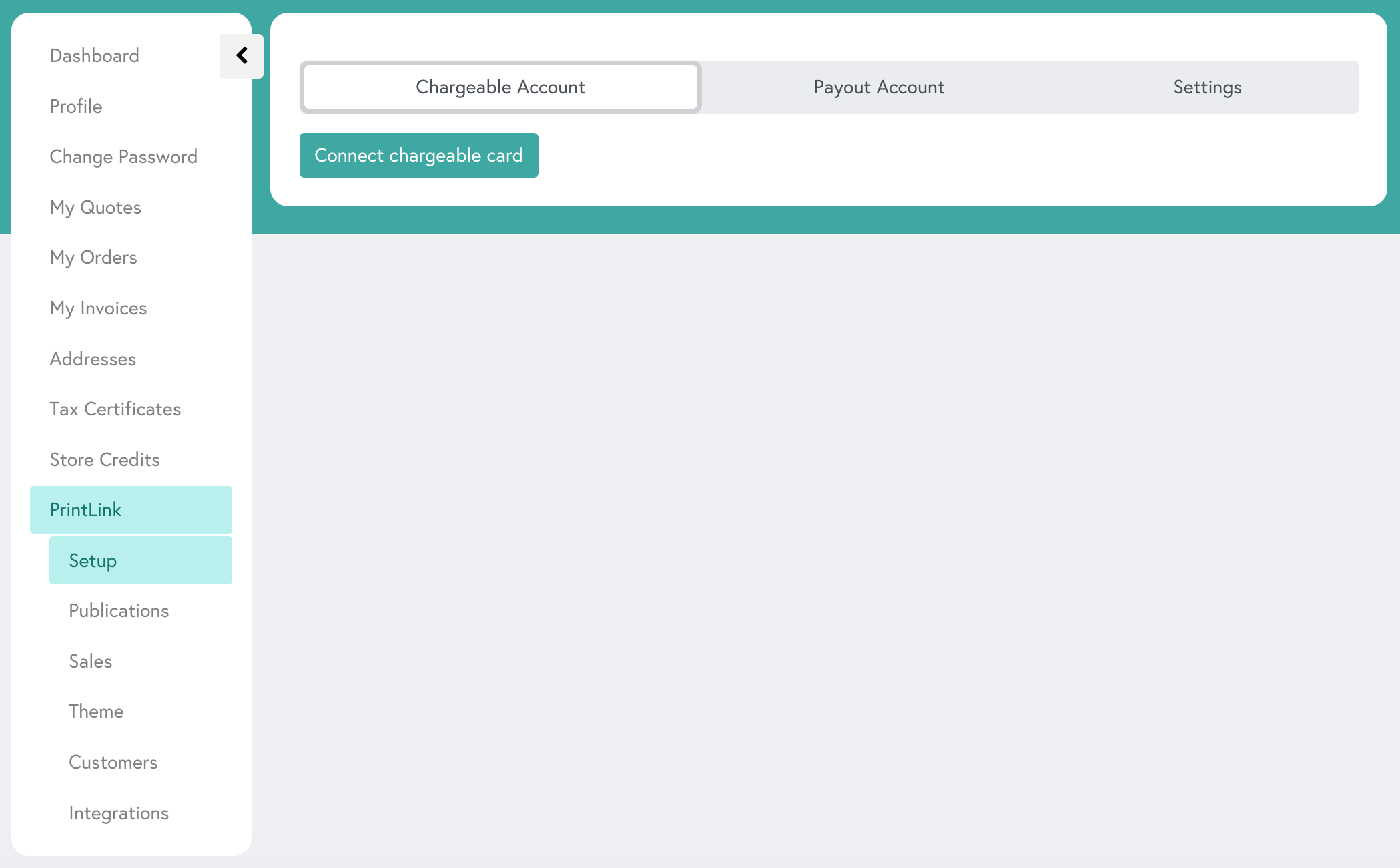 An overview of the Chargeable Account section for Mixam's print-on-demand service, PrintLink.