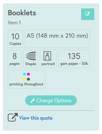 An overview of booklet print specifications with the Changes Options button