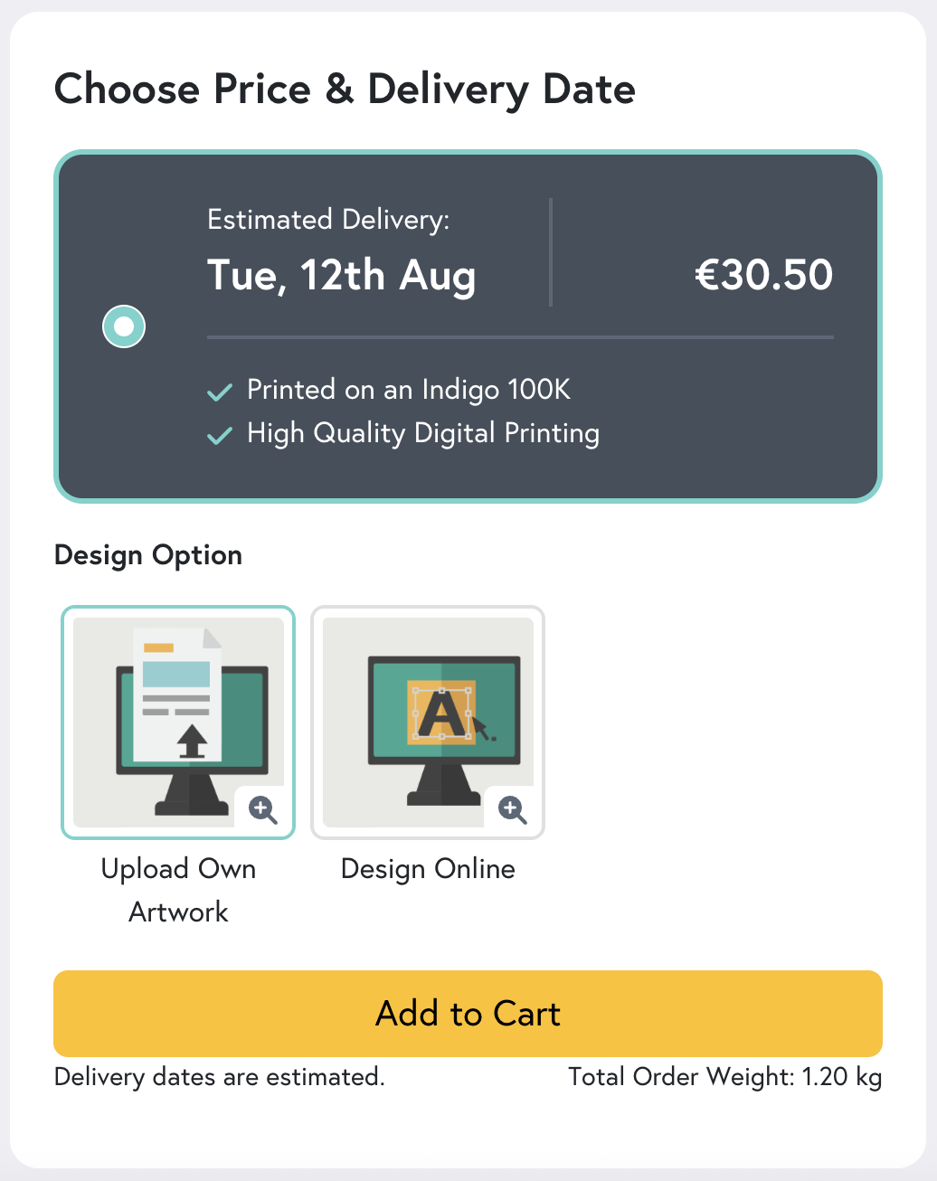 An example of a delivery cost for digital printing on Mixam's Instant Quote Calculator