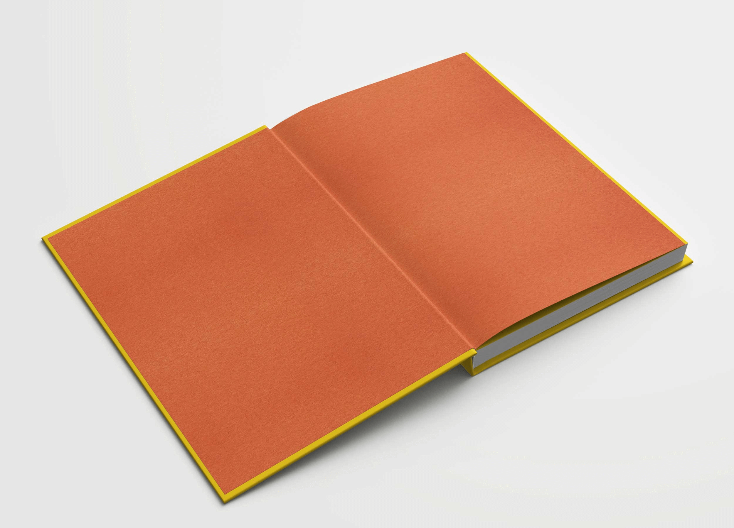 A photo of an open yellow hardcover book with orange endpapers.