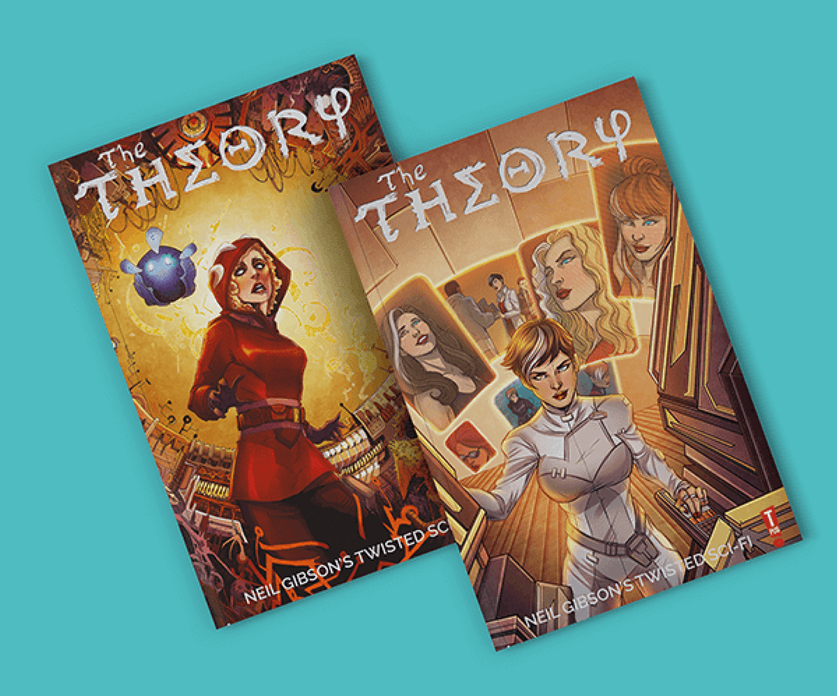 Two overlapping comic books with variant covers of 'The Theory' by Neil Gibson.